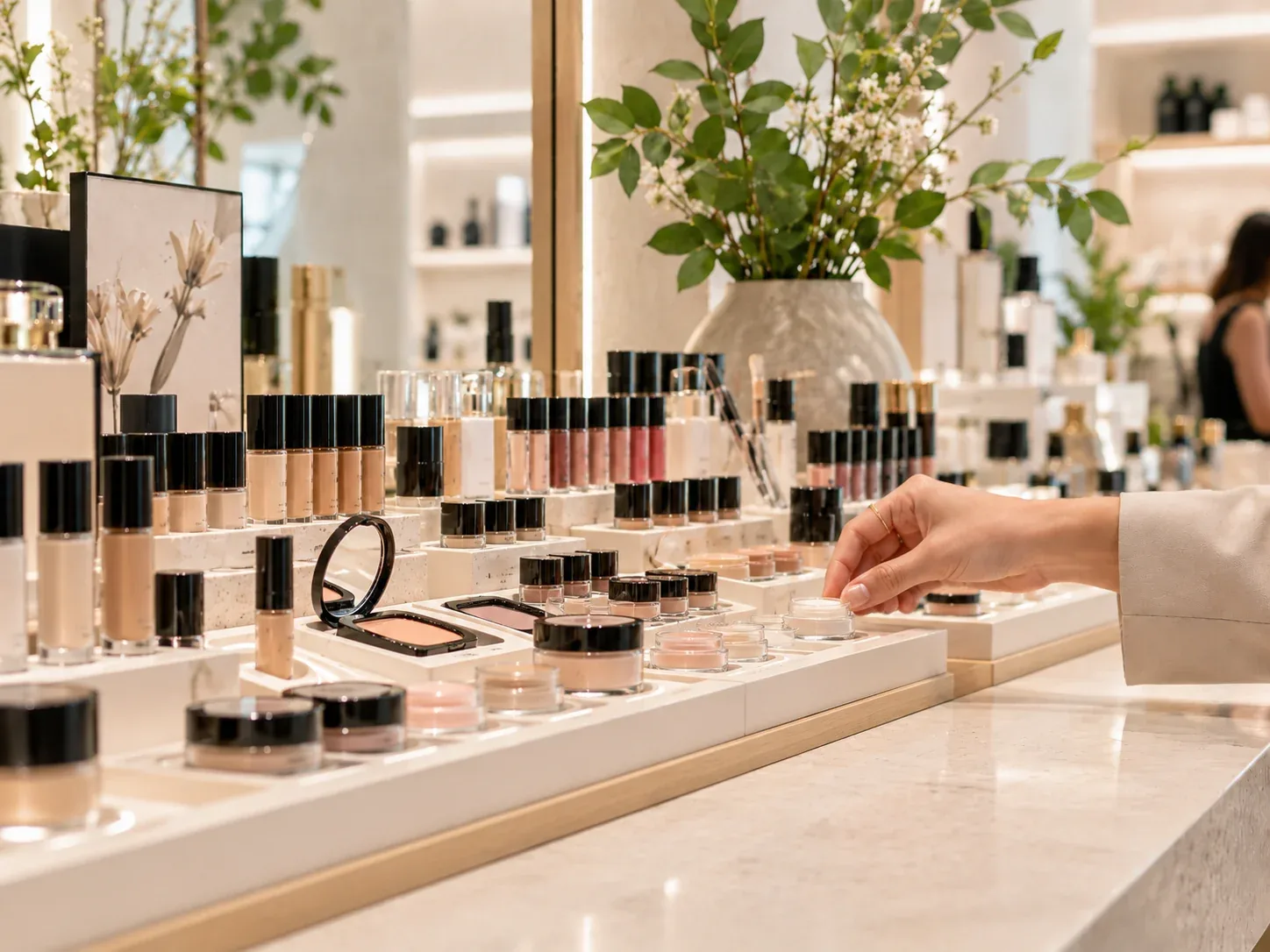 Probadores de maquillaje en un mostrador de boutique de lujo