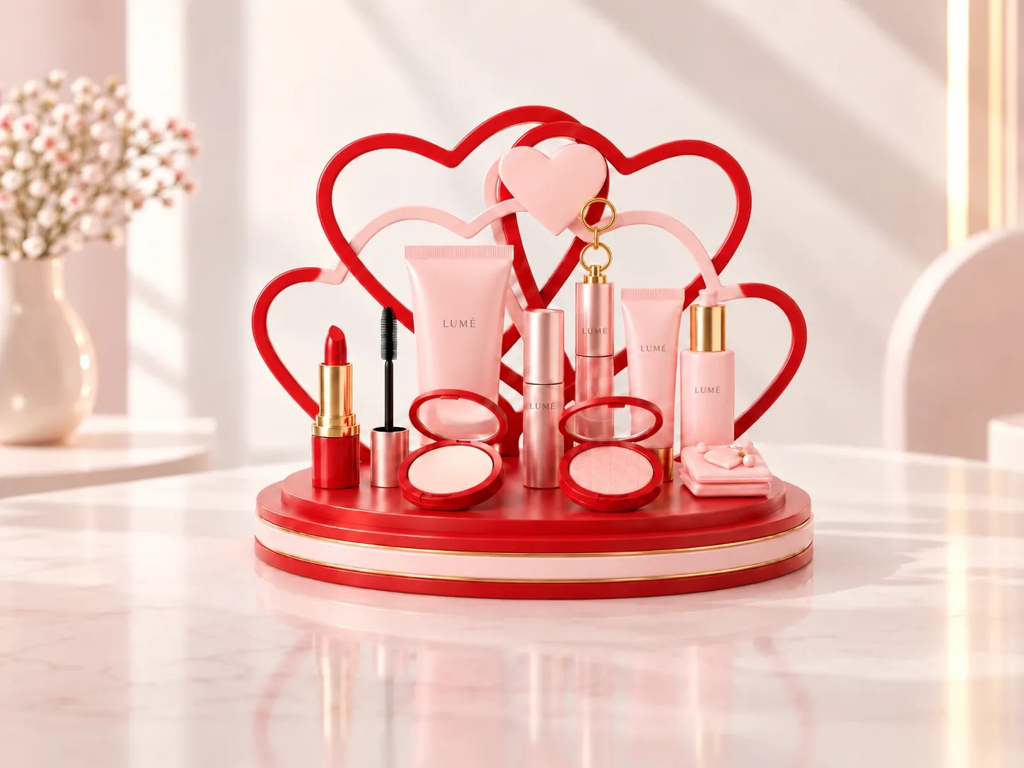 Expositor de cosmética LUMÉ con arcos en forma de corazón