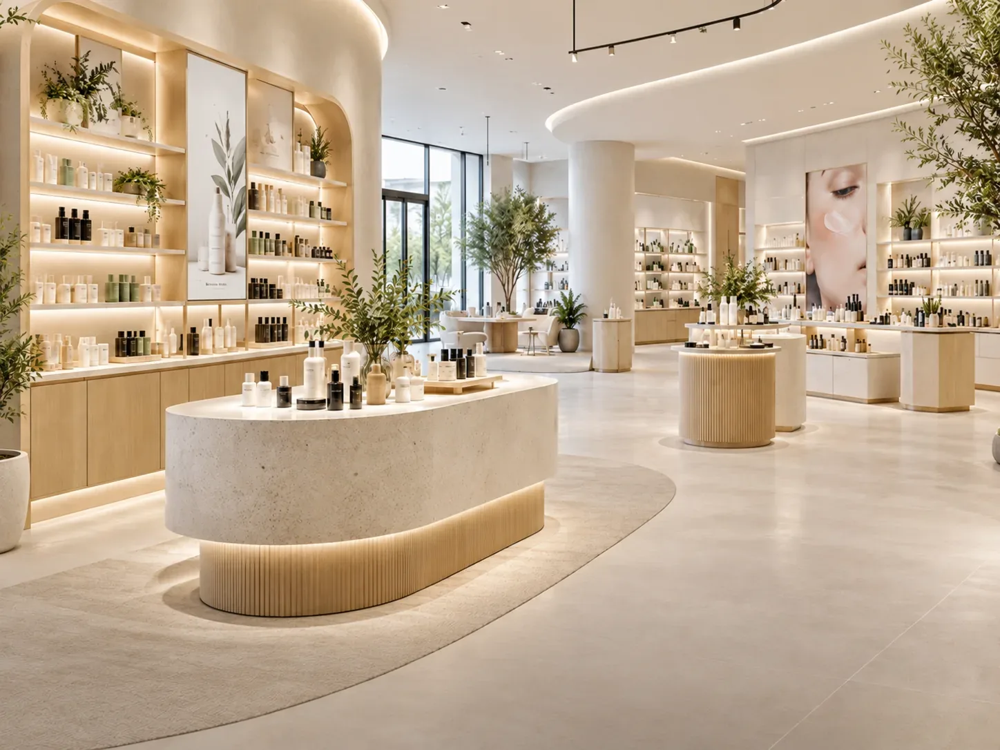 Tienda de cosmética luminosa con mobiliario e isla central a medida de Atamark