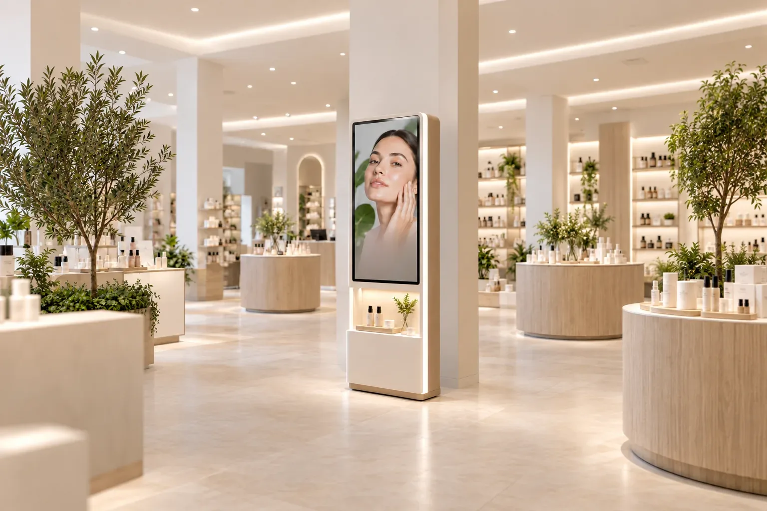 Kiosco de belleza con pantalla digital y nicho de producto en una boutique