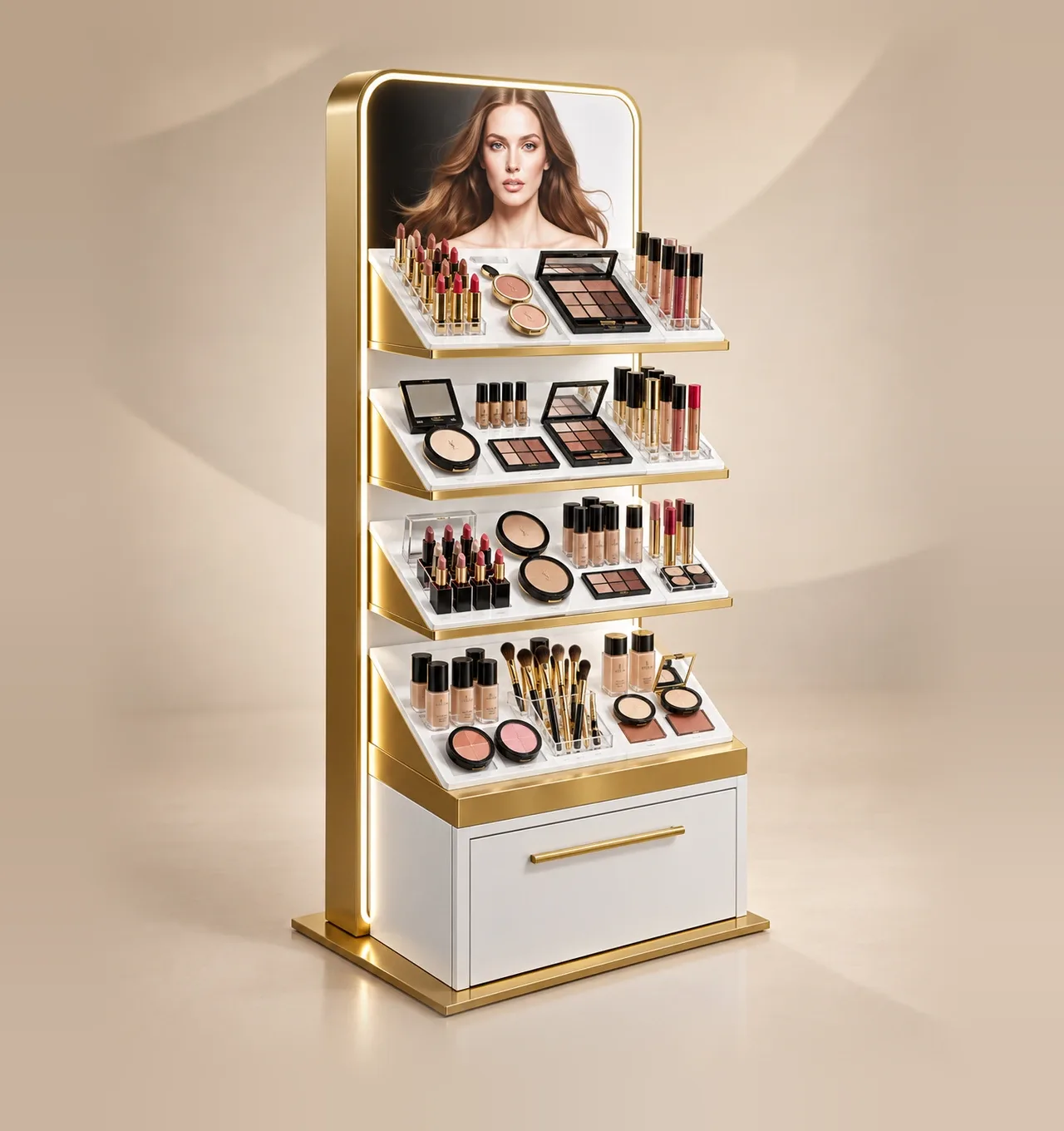Mueble de cosmética de metal y madera con baldas de maquillaje, diseñado por Atamark