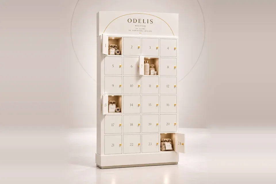 Calendario de Adviento de cartón para cosmética con puertas numeradas del 1 al 24