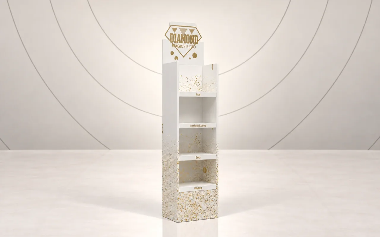 Mueble de suelo de cartón blanco con estampado en oro y cabecera en forma de diamante para cosmética
