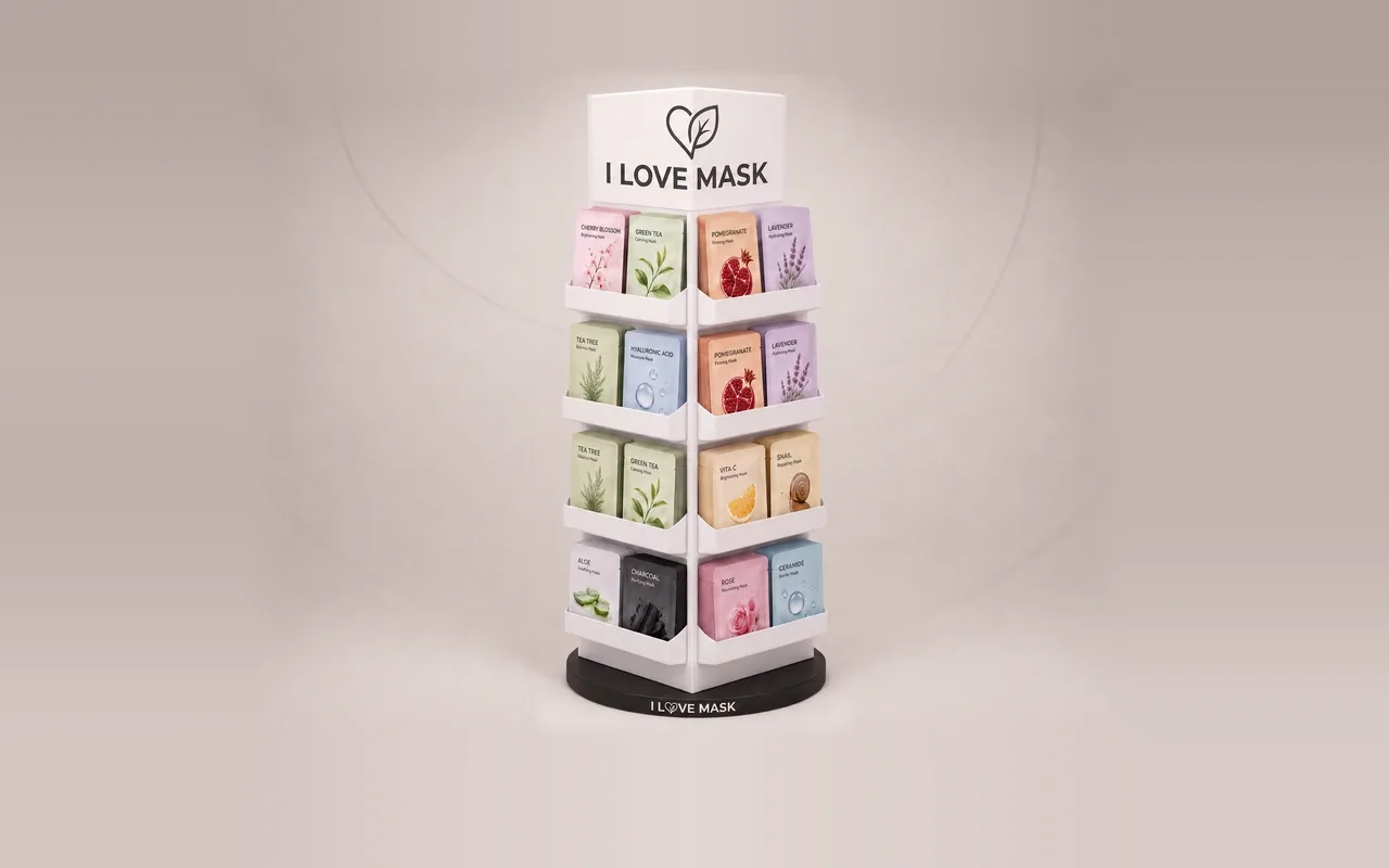 Columna giratoria de PS blanco y negro con mascarillas faciales, para cosmética