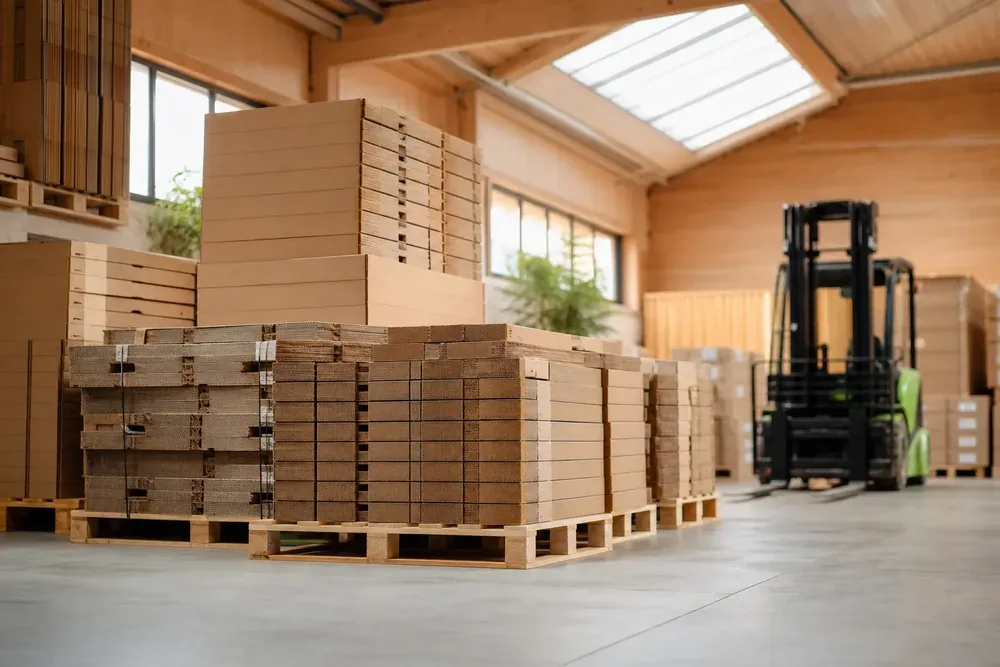 Entrepôt avec présentoirs en carton pliés sur palettes prêts à l