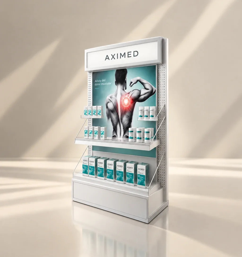 Mueble metálico de farmacia con baldas y panel gráfico, diseñado por Atamark