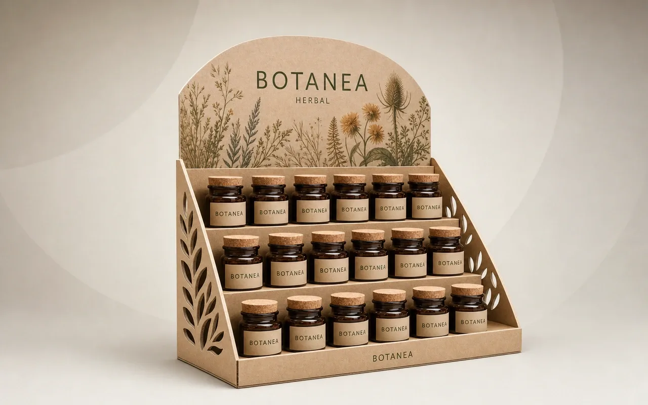 Expositor de cartón kraft para farmacia con troquelado de hojas y frascos de producto natural