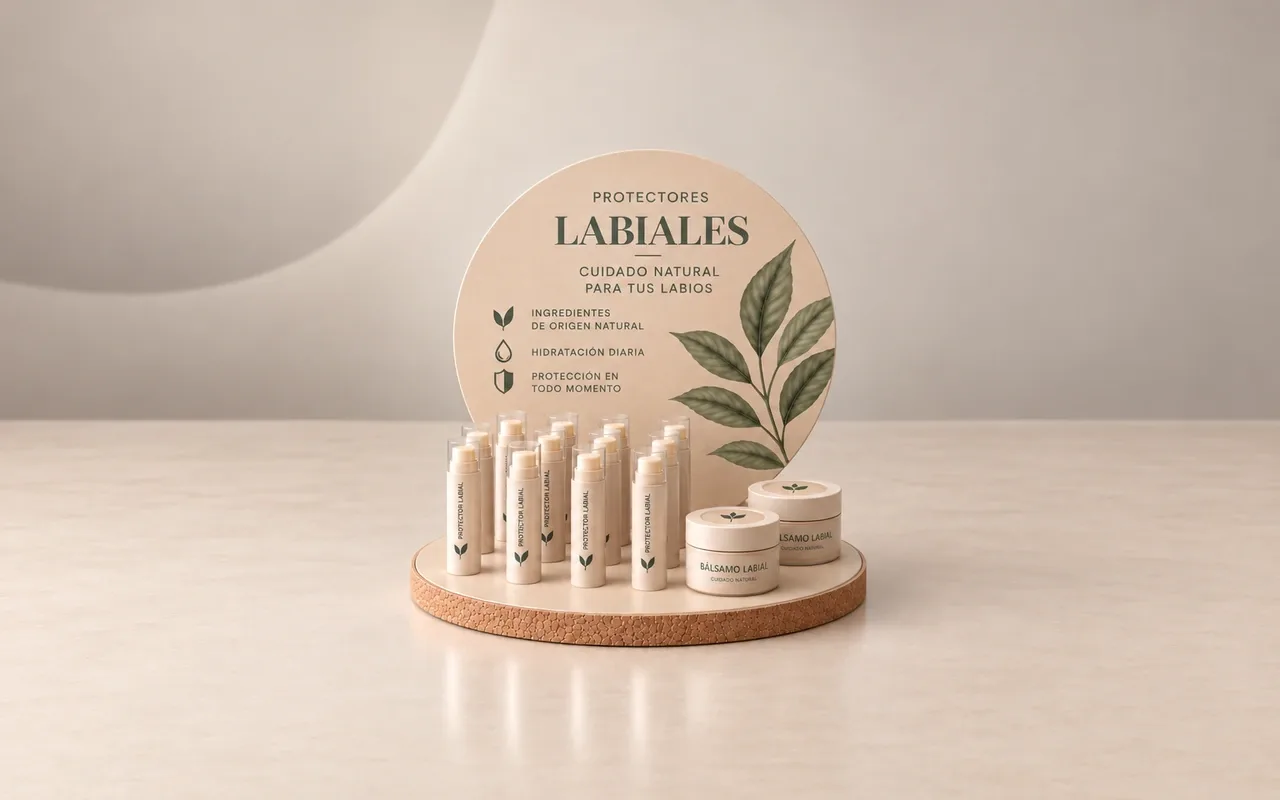 Expositor de mostrador de cartón y corcho para farmacia con protectores labiales y bálsamo