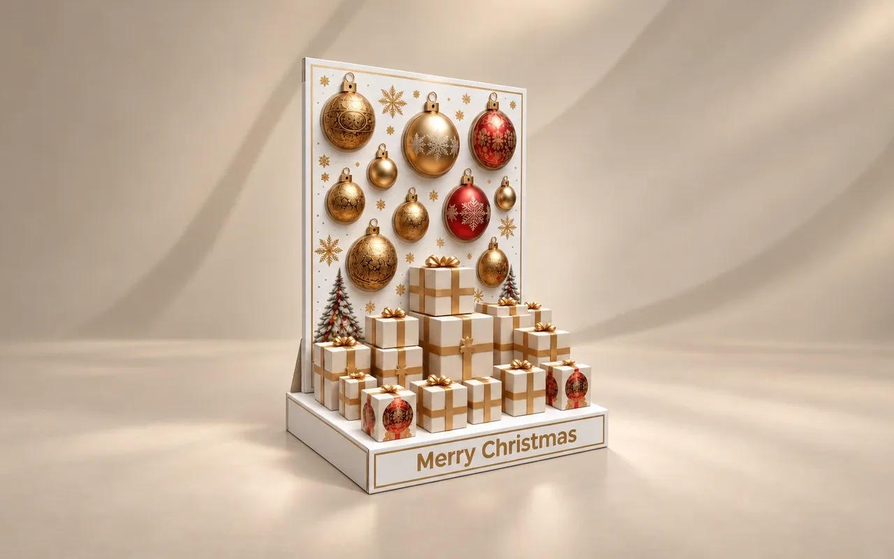 Escaparate de Navidad de cartón para farmacia con bolas termoconformadas y cajas regalo en volumen