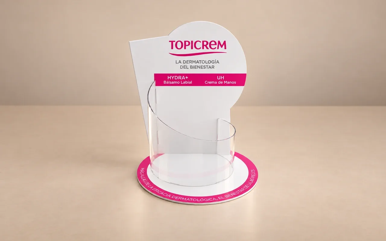 Dispensador de mostrador de cartón y PVC para farmacia, con frente curvo transparente