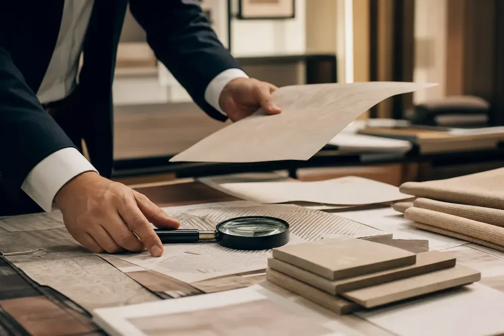 Professional B2B amb vestit revisant amb lupa mostres de cartró i documents tècnics