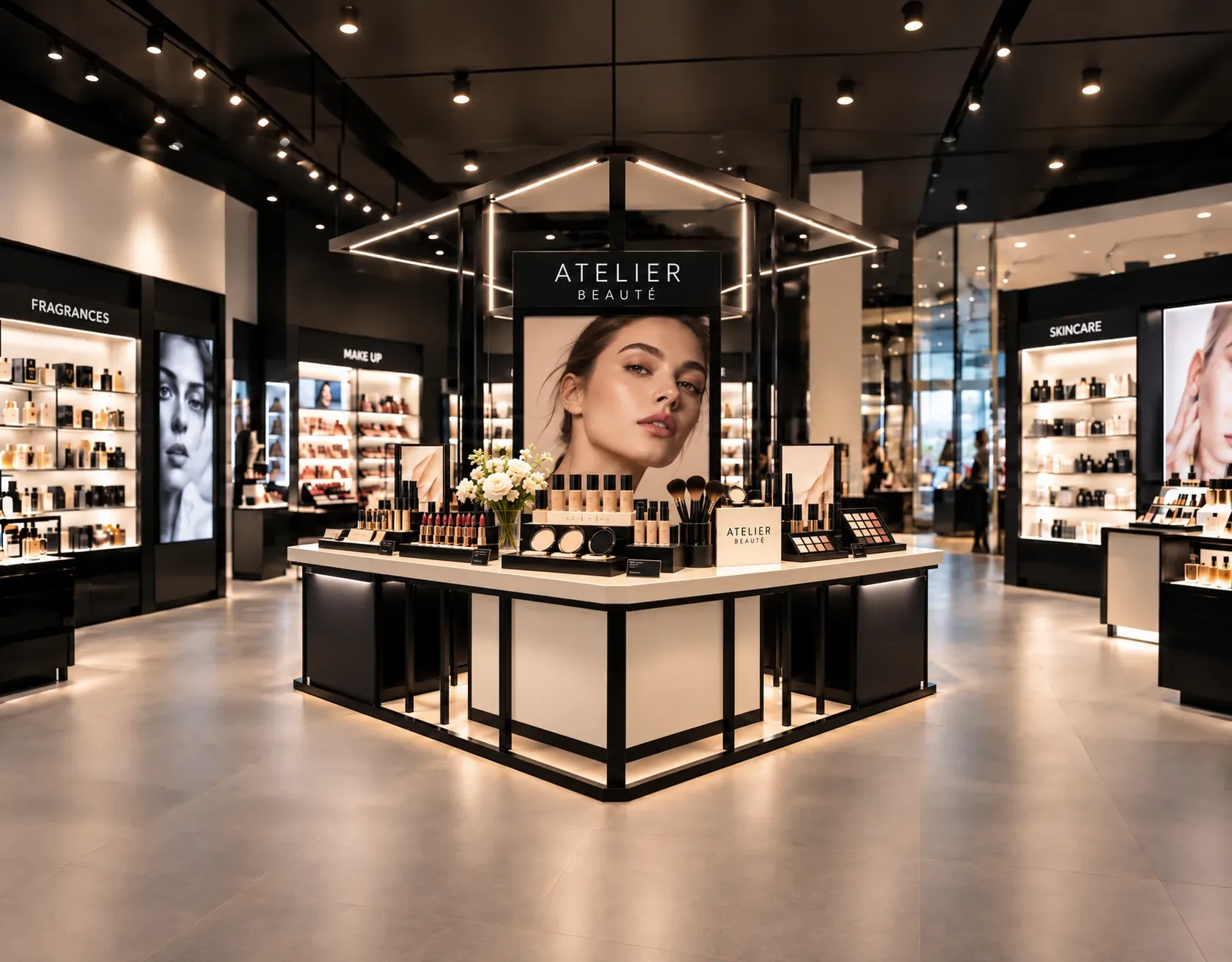 Isla de cosmética Atelier Beauté con expositores de maquillaje iluminados en una tienda de belleza