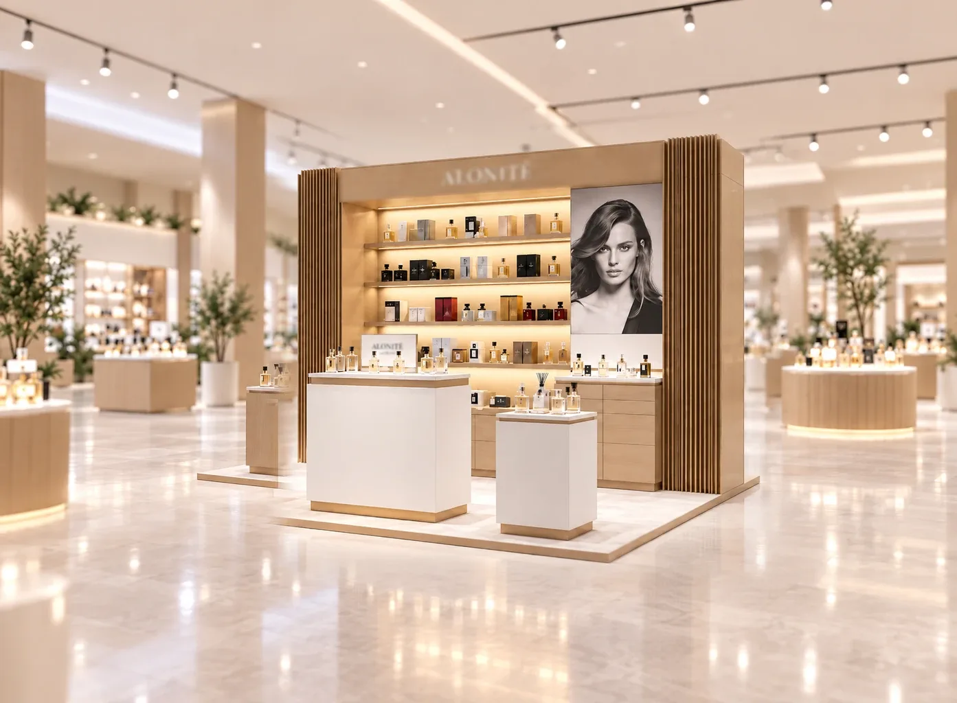Córner de perfumería en madera clara y blanco diseñado por Atamark en unos grandes almacenes