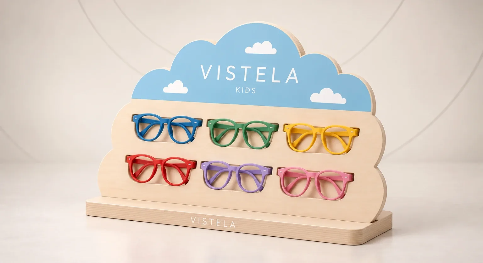 Expositor de madera en forma de nube para gafas infantiles