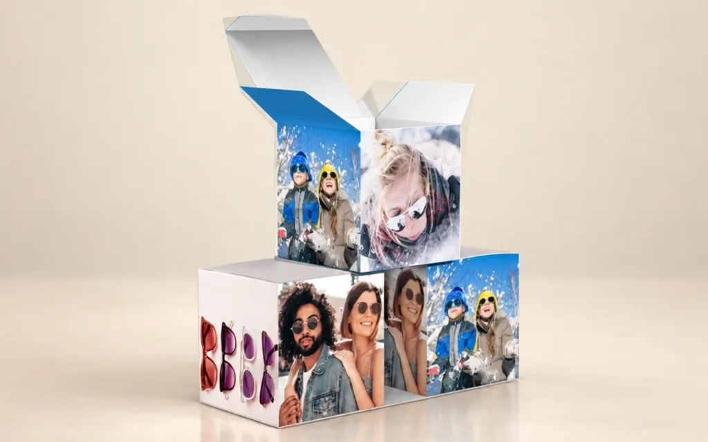 Cubos decorativos de cartón con impresión digital para óptica, apilados