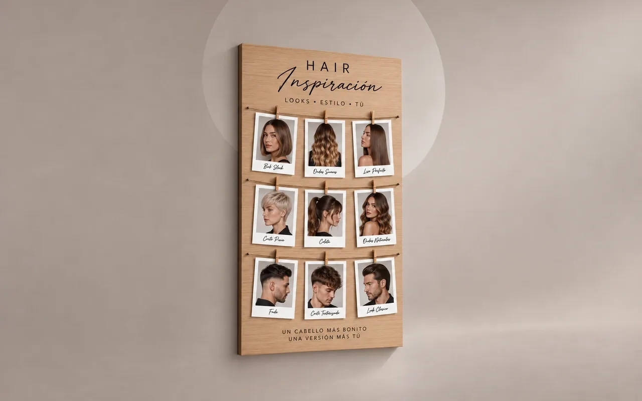 Mural de madera para peluquería con fotos de cortes de pelo colgadas como polaroids
