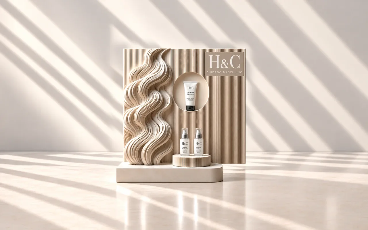 Escaparate de cartón para peluquería con onda de cabello en relieve, nicho circular y productos capilares