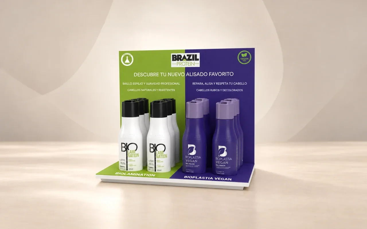 Expositor de sobremesa de forex para peluquería con dos gamas de producto en verde y morado