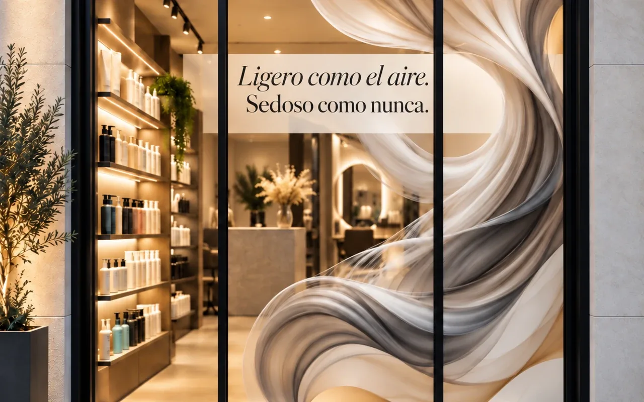 Vinilo de escaparate para peluquería con onda de cabello y el lema Ligero como el aire, sedoso como nunca