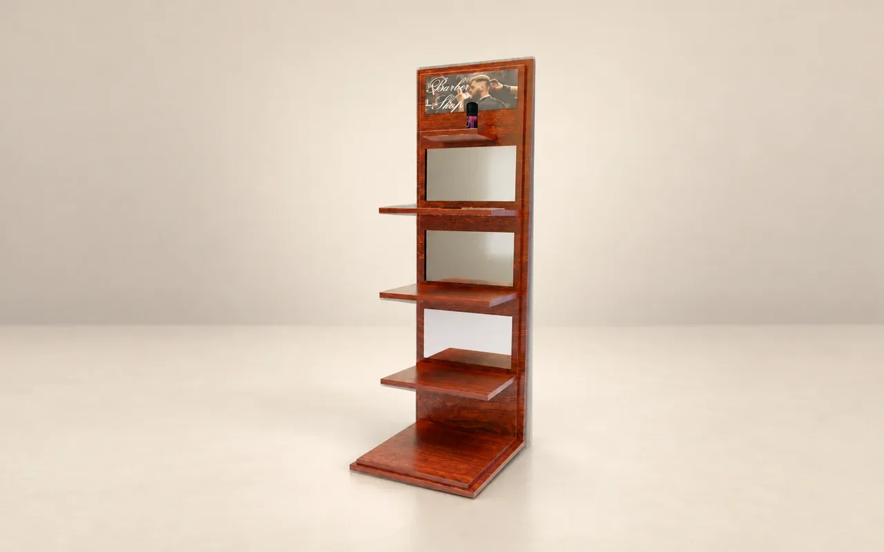 Mueble PLV de madera para productos masculinos de peluquería, estilo barber shop