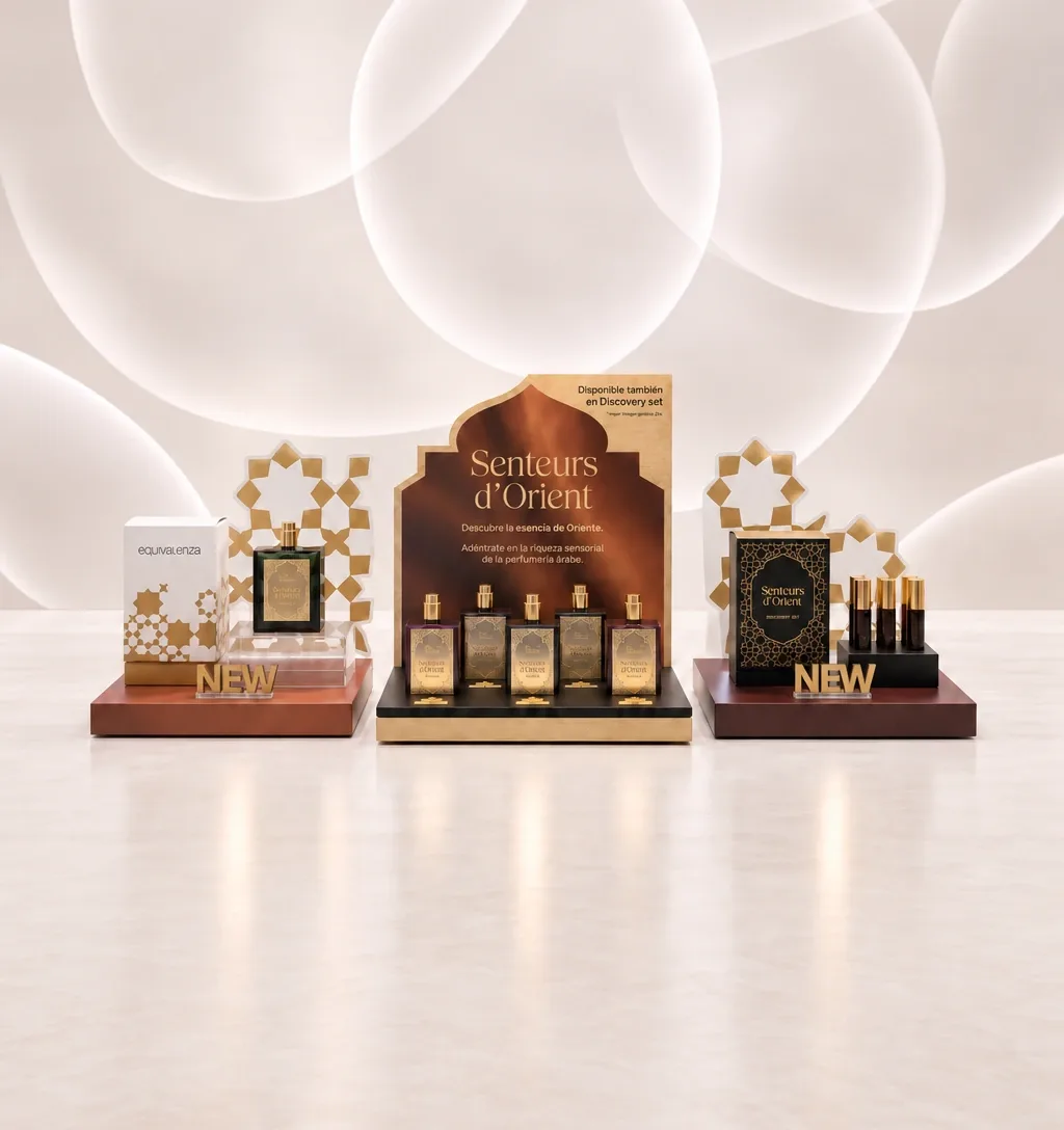 Conjunto de expositores de perfumería en cartón y plástico de inspiración oriental, diseñado por Atamark