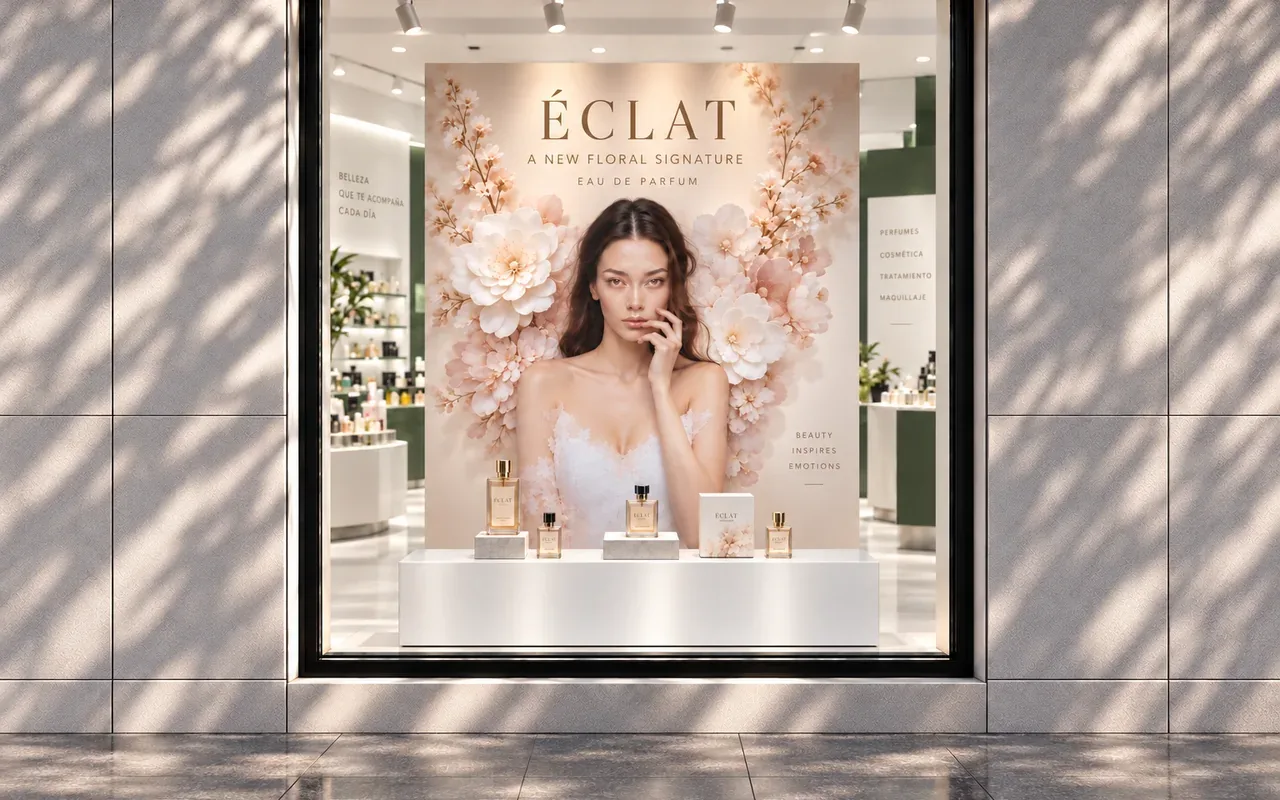 Showcard de cartón a gran formato en la vitrina de una perfumería, con frascos de perfume sobre pódium