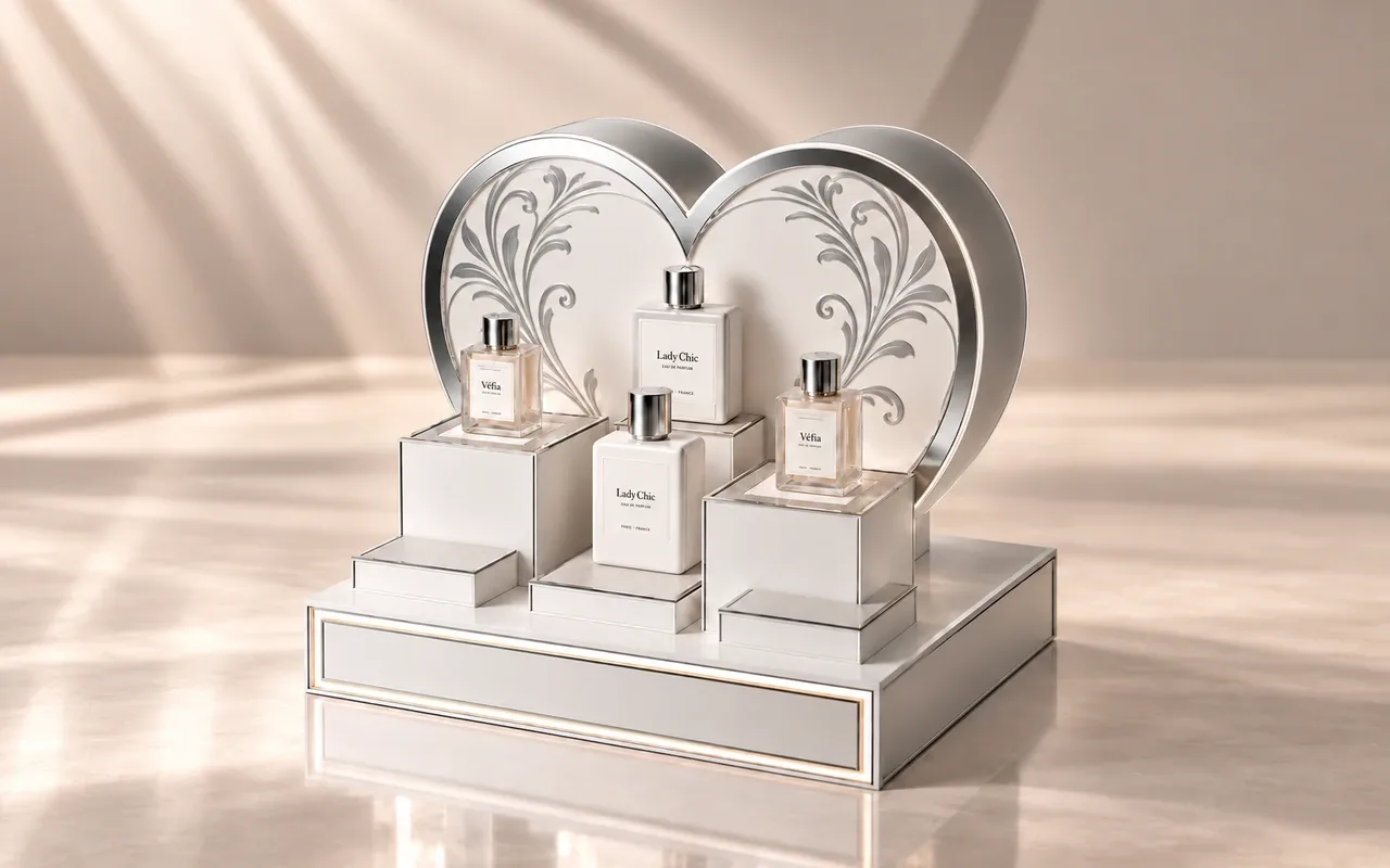 Expositor de sobremesa de madera y PMMA con forma de corazón para perfumería, con frascos sobre peanas