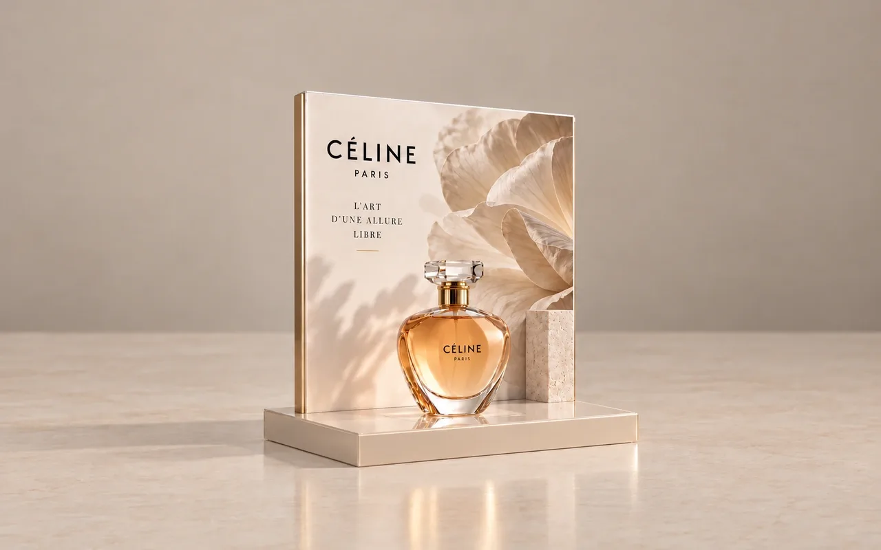 Glorificador de PMMA para perfumería con un frasco de perfume sobre su base