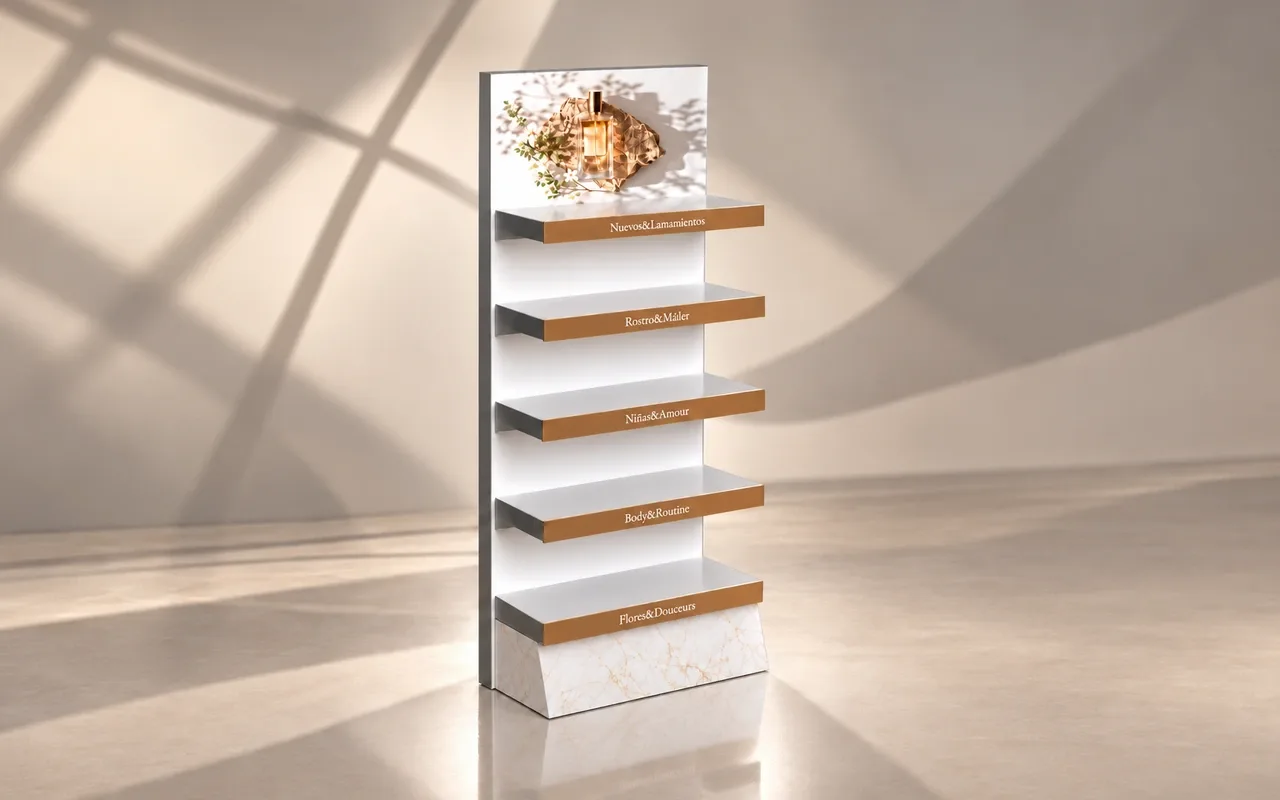 Mueble metálico de perfumería con baldas, frontales en vinilo imantado y cartela intercambiable