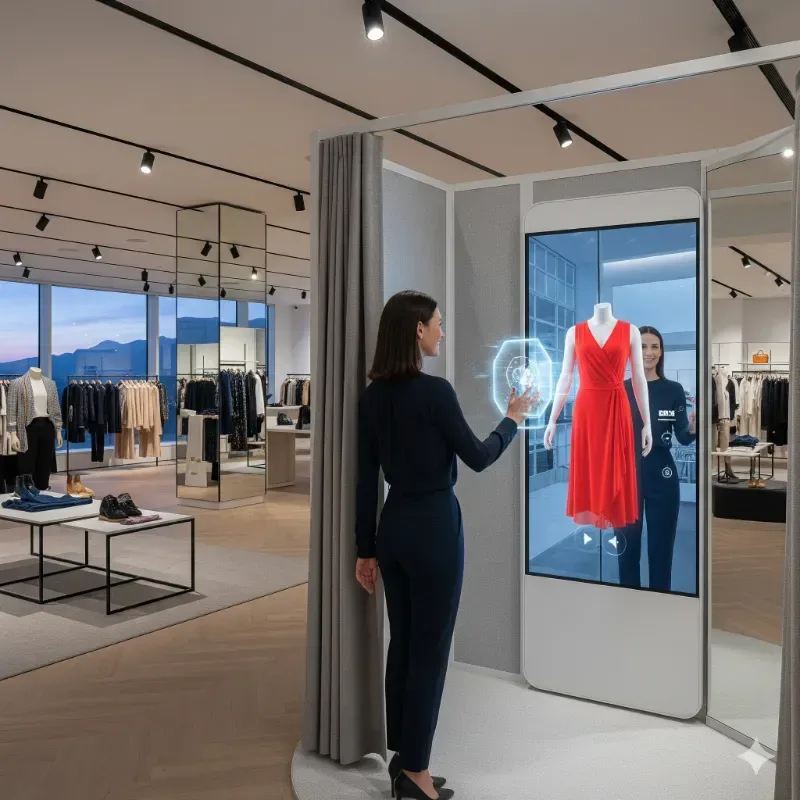 Femme testant une robe dans une cabine d’essayage digitale interactive, exemple de PLV pour la cosmétique tendances 2025
