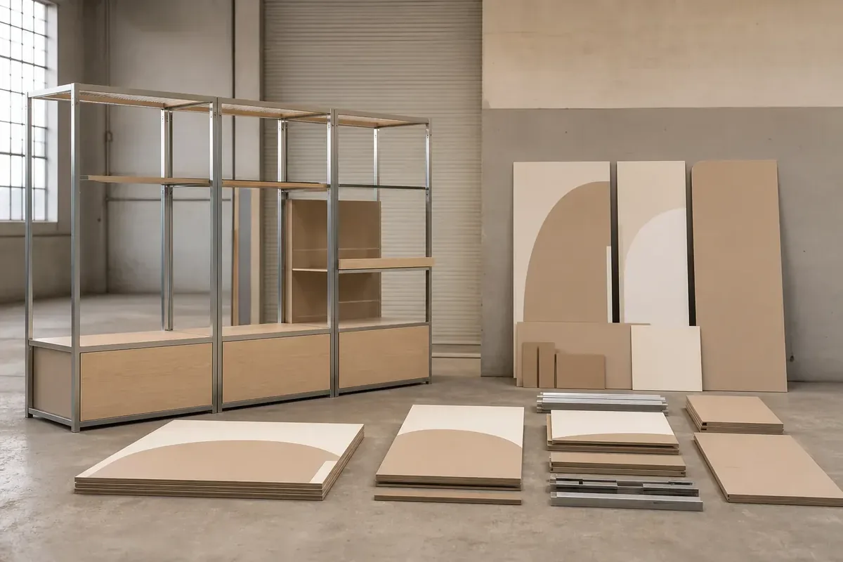 Structure modulaire de présentoir avec panneaux interchangeables séparés au sol de l