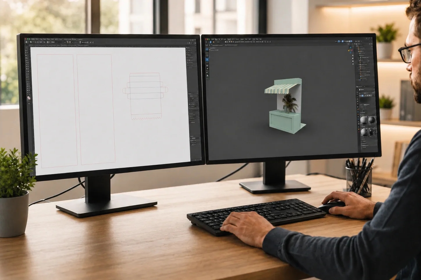 Diseñador preparando el troquel y el render 3D de un expositor en el estudio creativo de Atamark