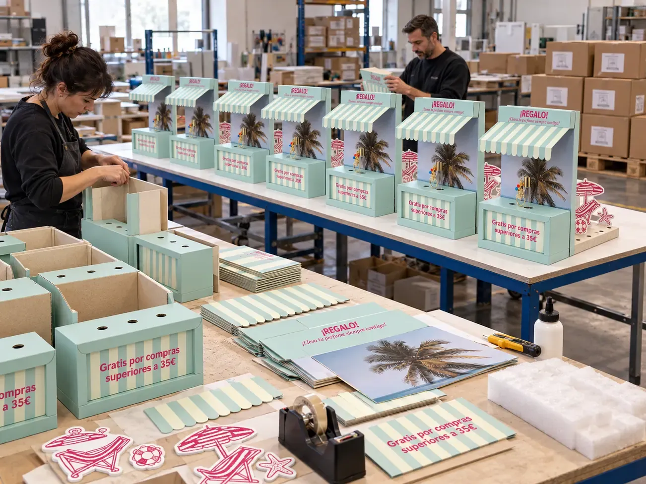 Taller de montaje de expositores de cartón de verano con regalo por compra para perfumería