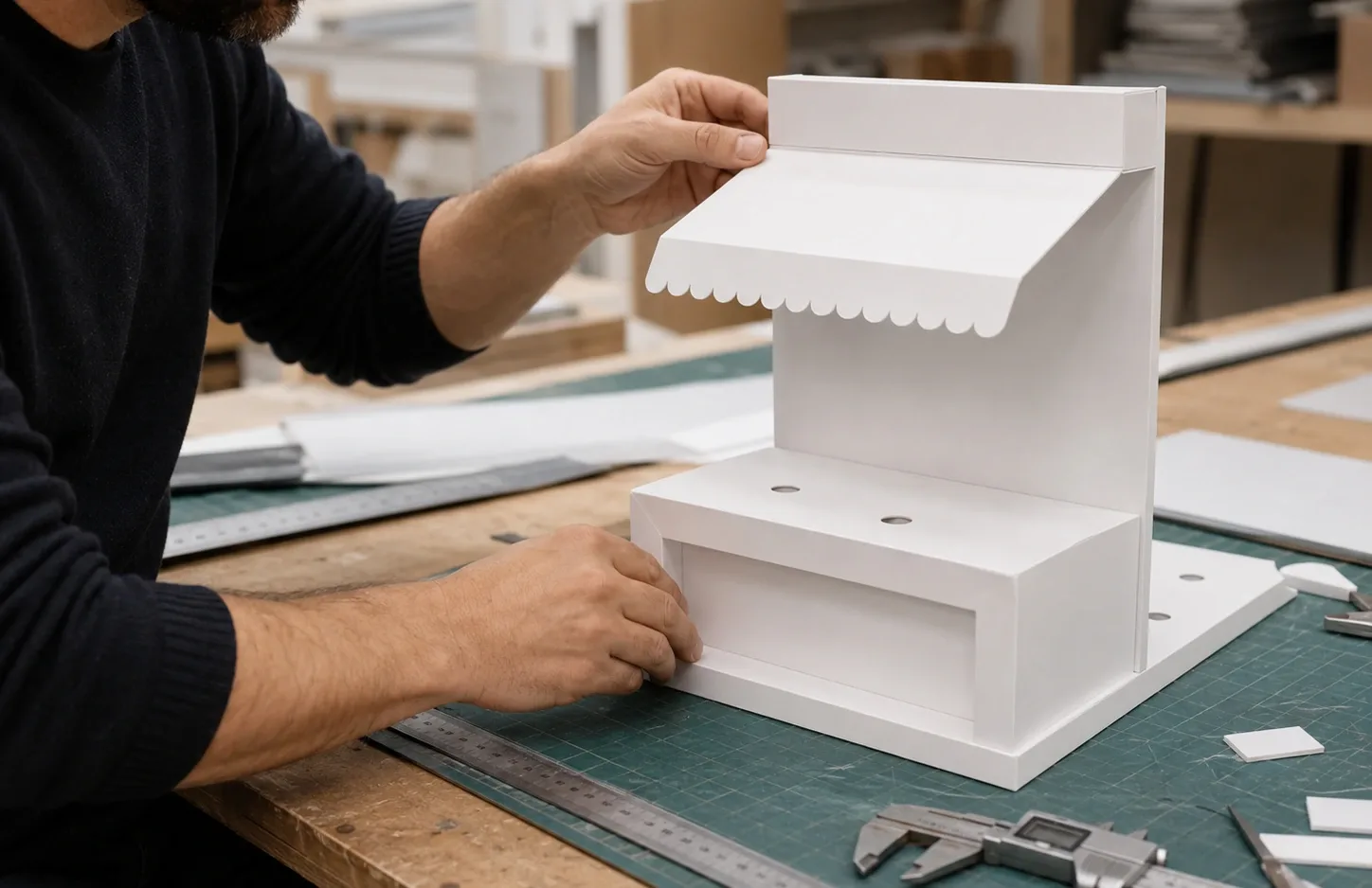 Artesano montando la maqueta de un expositor con toldo durante el prototipaje