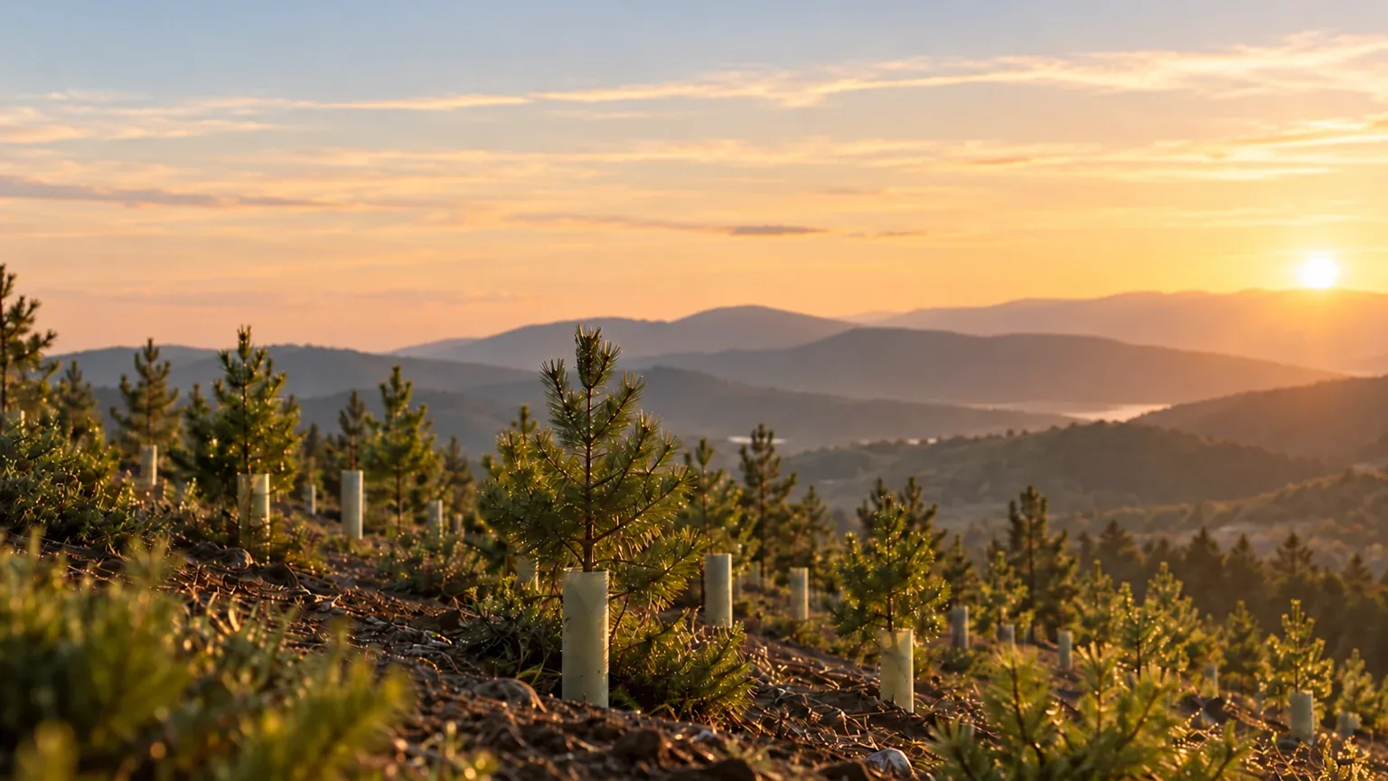 Reforestación de pinos jóvenes al atardecer: sostenibilidad y compromiso medioambiental de Atamark