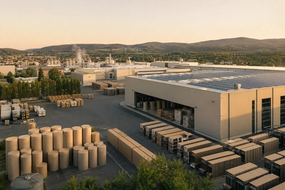 Vista aérea de planta de fabricación de cartón con paneles solares y stock de palets