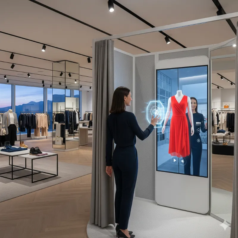 Mujer probando vestido en probador digital interactivo, ejemplo de PLV para cosmética tendencias 2025