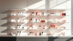 Étagères modernes avec produits cosmétiques, exemple de PLV pour la cosmétique tendances 2025