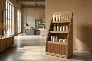 Expositor PLV de cartró sostenible en showroom industrial premium amb llum natural càlida