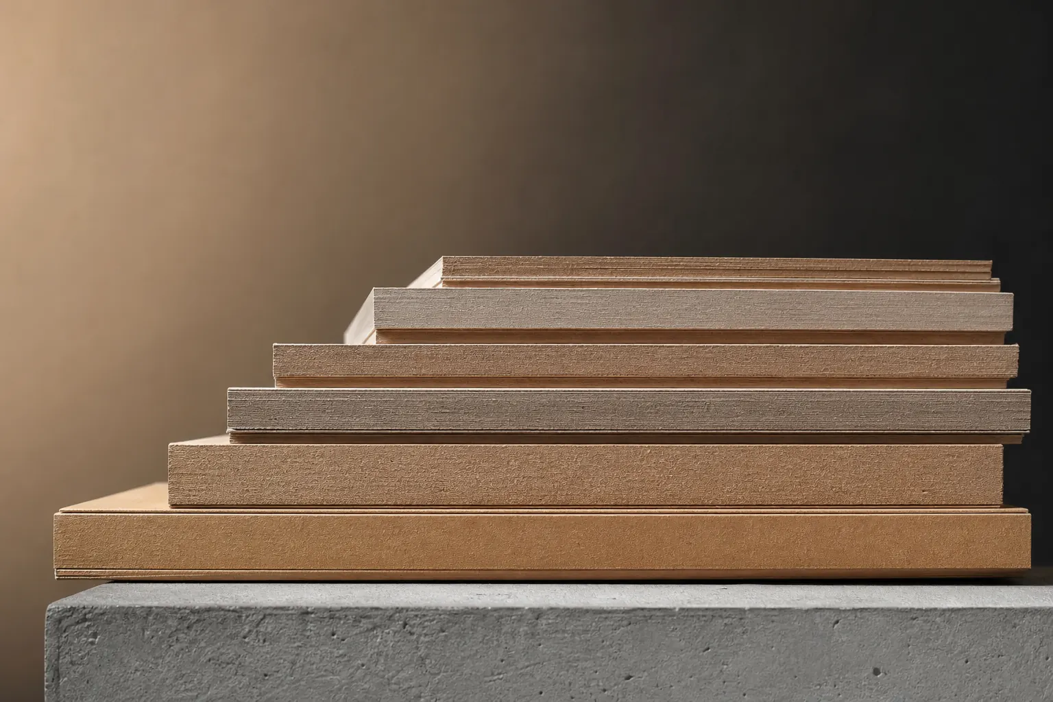 Stack of premium cardboard sheets with subtle forest certification stamps, editorial industrial photography