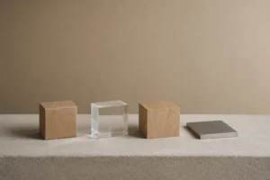 Four material samples — cardboard, acrylic, wood, metal — aligned in a comparative still life on a beige background