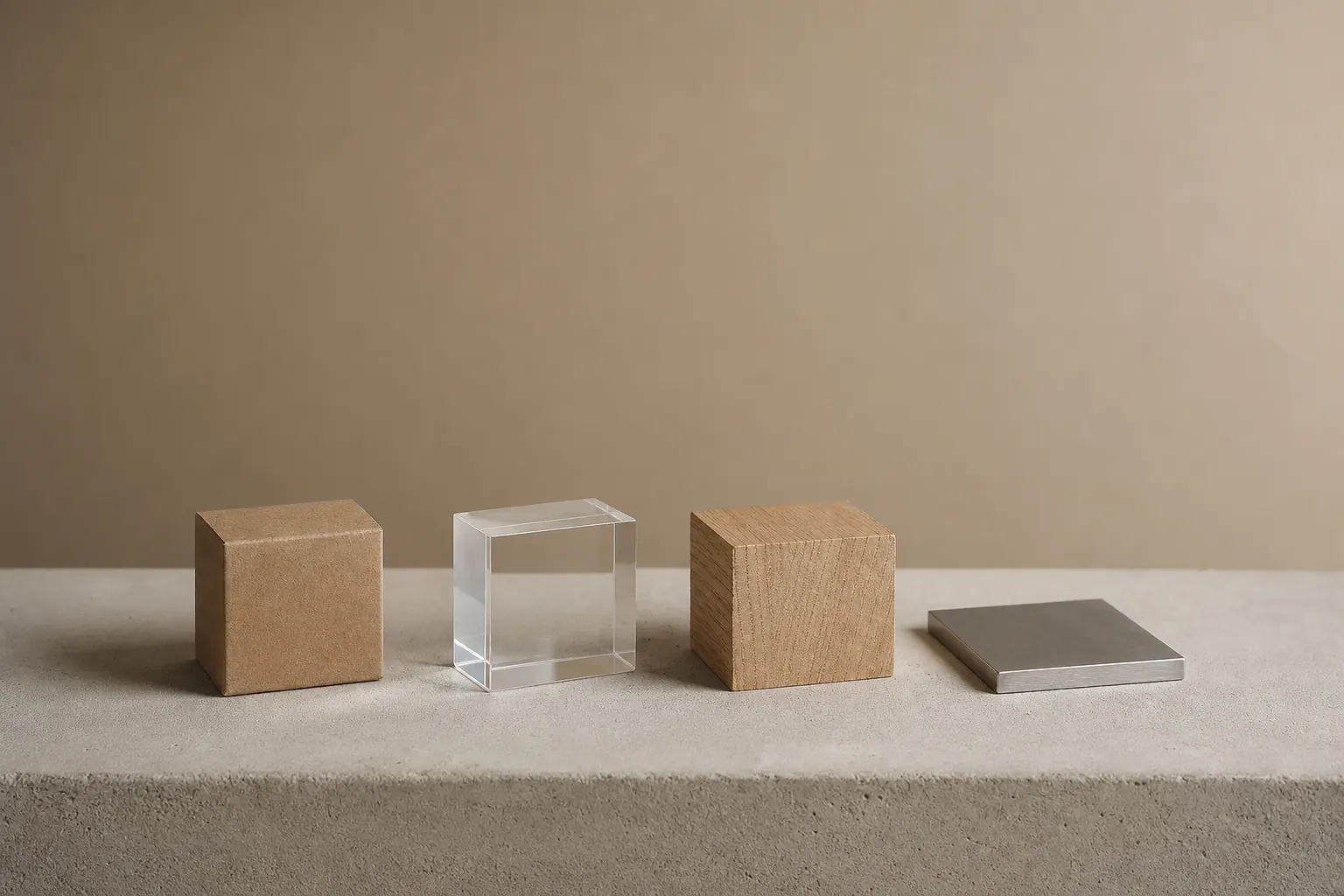 Four material samples — cardboard, acrylic, wood, metal — aligned in a comparative still life on a beige background