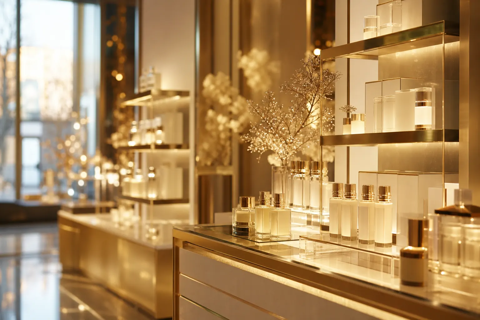 Lineal de cosmética y perfumería premium con expositores iluminados en una gran superficie