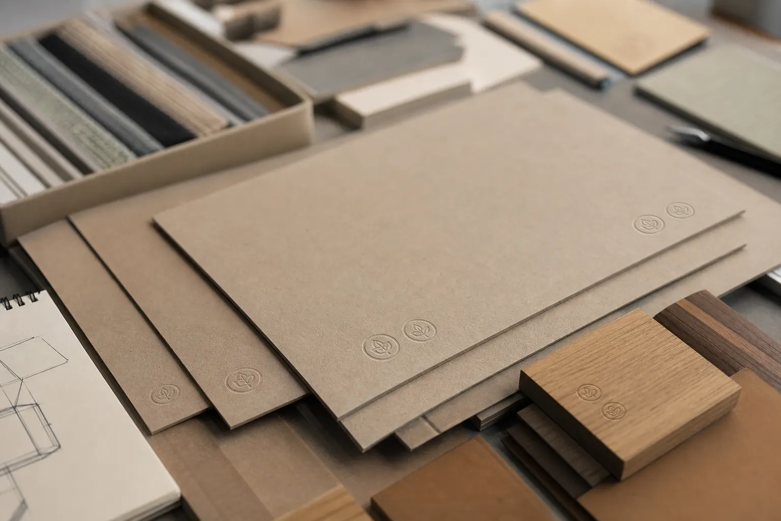 Échantillons de carton certifié FSC et PEFC sur table de designer industriel
