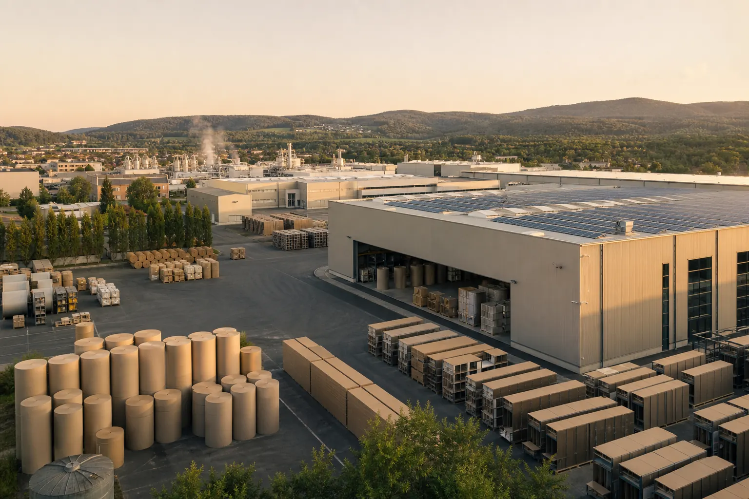 Vue aérienne d'une usine de fabrication de carton avec panneaux solaires et palettes de stock