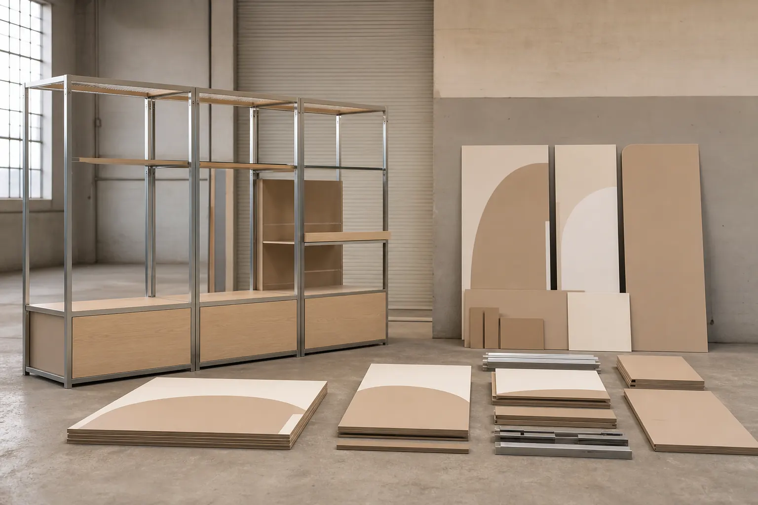 Estructura modular de expositor con paneles intercambiables separados sobre el suelo del taller