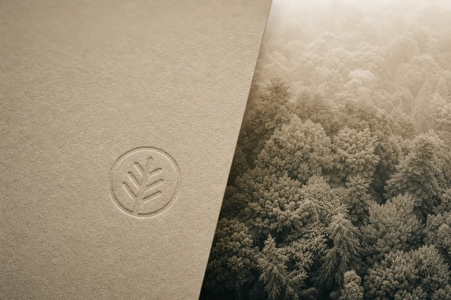 Cartón con sello embossed junto a vista aérea de bosque europeo en duotone cálido