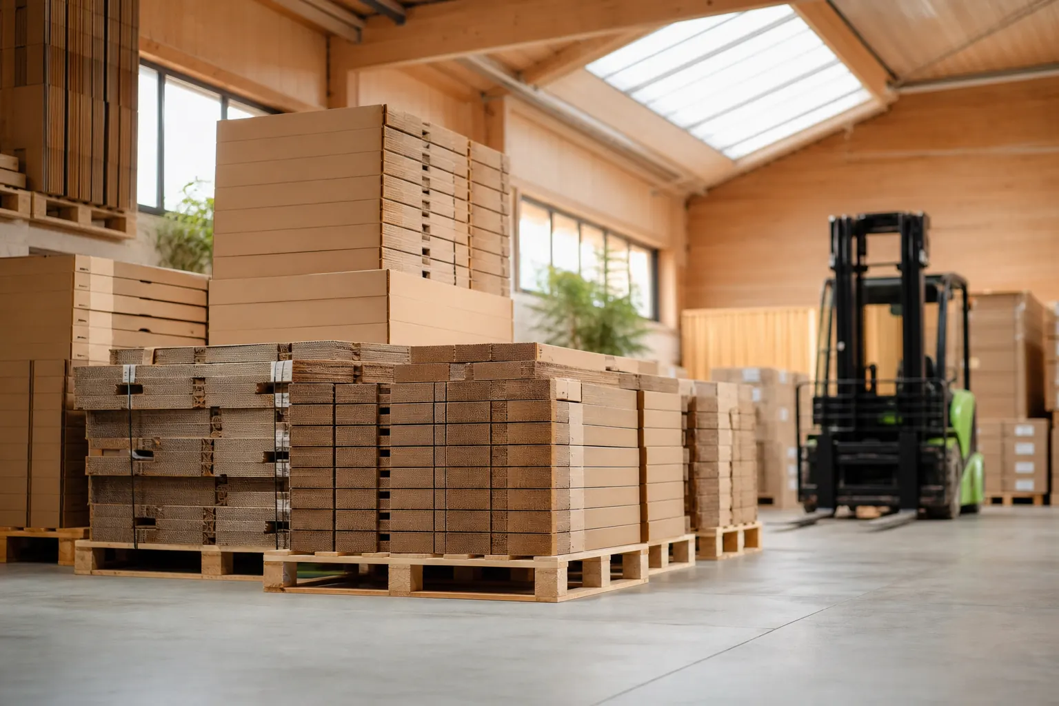 Entrepôt avec présentoirs en carton pliés sur palettes prêts à l'expédition, chariot élévateur électrique en arrière-plan