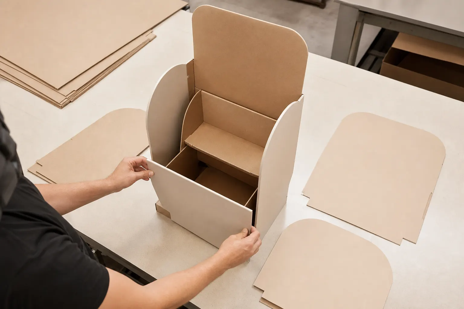 Manos ensamblando expositor modular de cartón con piezas intercambiables sobre mesa industrial