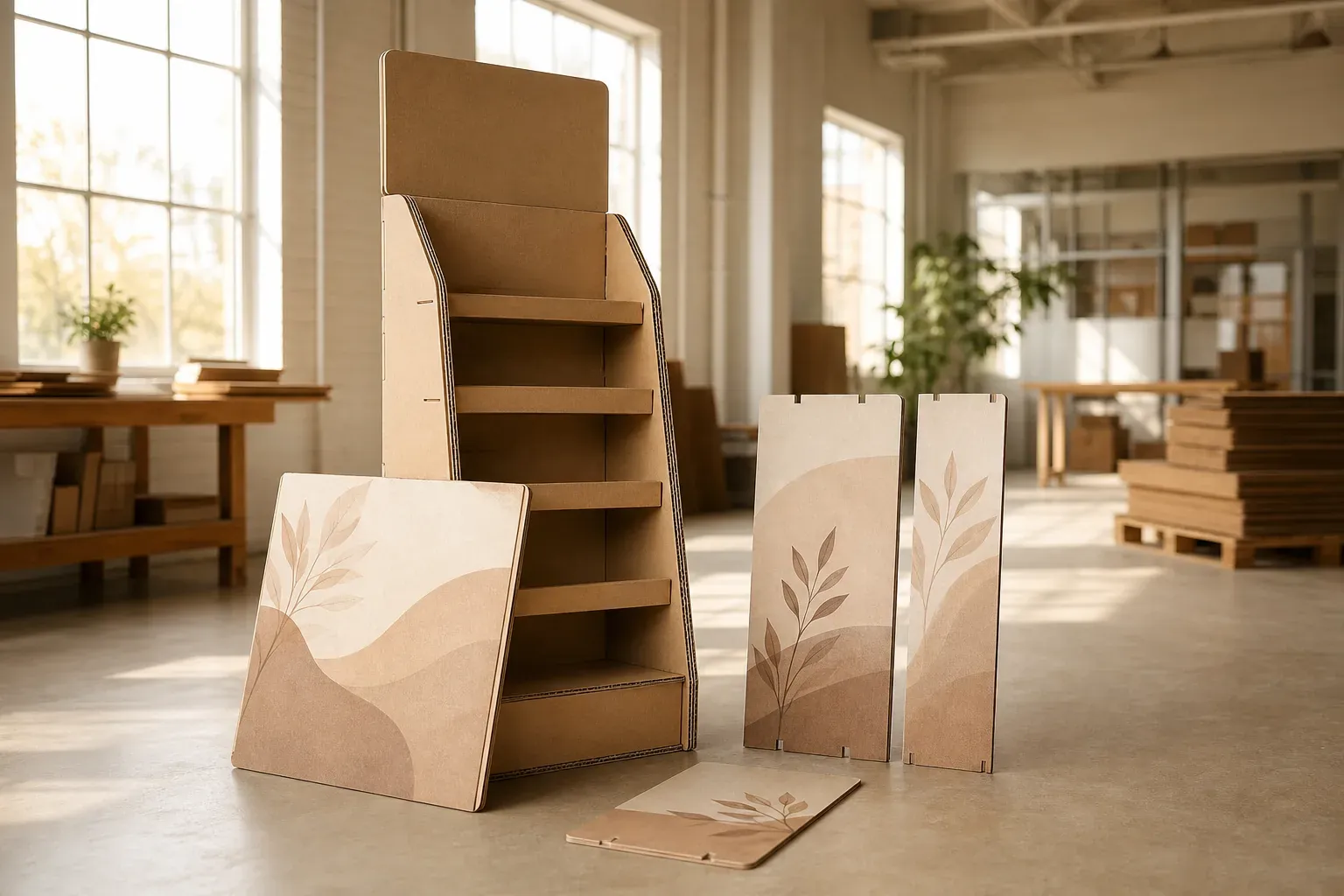 Expositor PLV de cartón modular con paneles gráficos intercambiables en un taller industrial